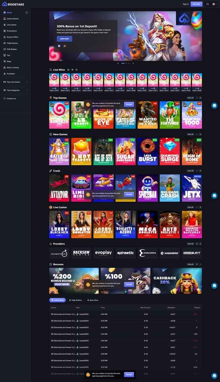 Screenshot der Roostake Casino Webseite mit Spielauswahl