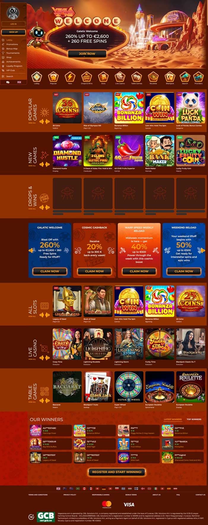 Vegazone kaszinó felületének képernyőképe