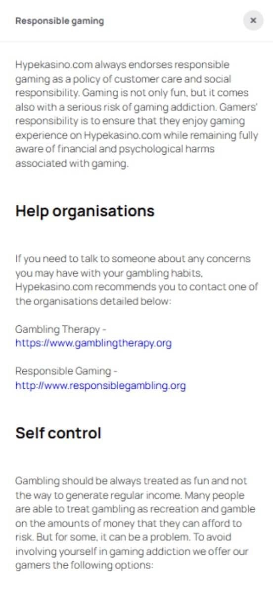 Hypekasino responsible gambling