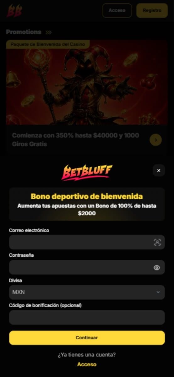 BetBluff Casino formulario de registro