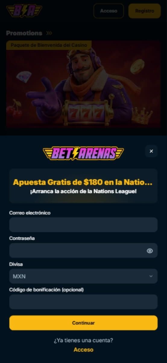 Betarenas Casino formulario de registro
