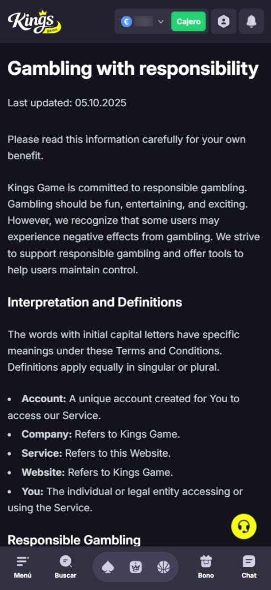 Kings Game Casino Juego responsable