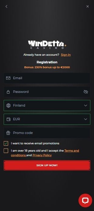 Windetta Casino Registration Form