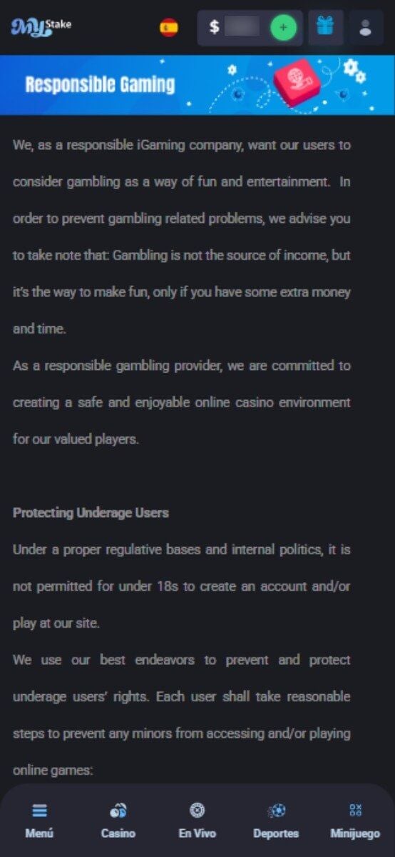 MyStake Casino Juego responsable