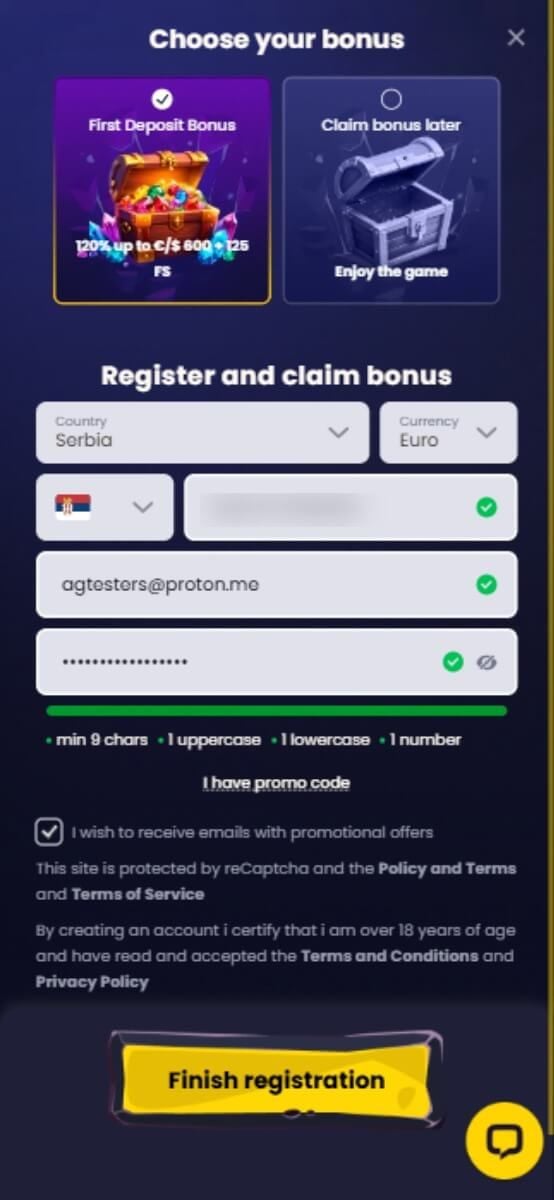 SlotsGem Casino Registration Form
