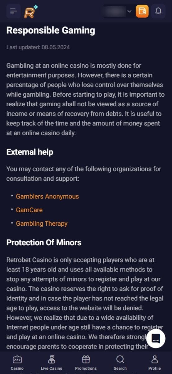 Retro Bet Casino Responsible Gambling