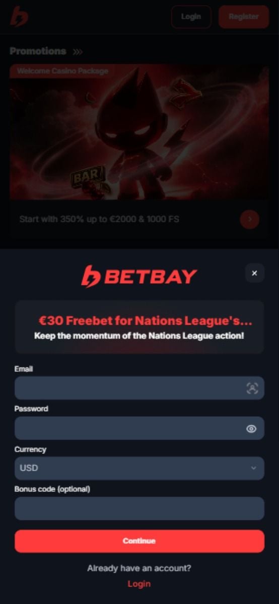 BetBay Casino formulario de registro