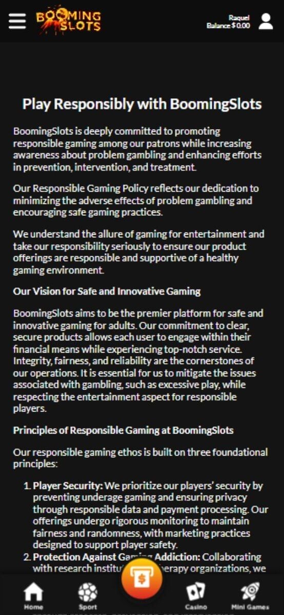 BoomingSlots Casino juego responsable