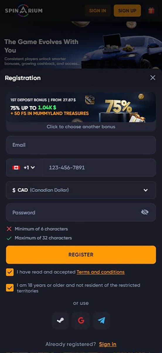 Spinarium Casino Registration Form