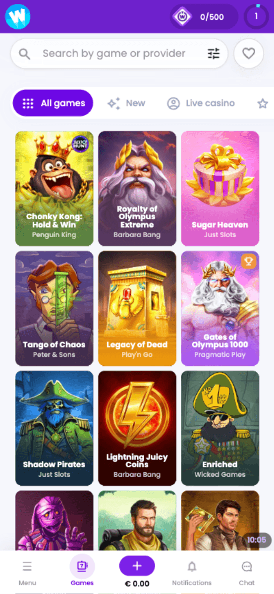 Wiinerz Casino Games Loby