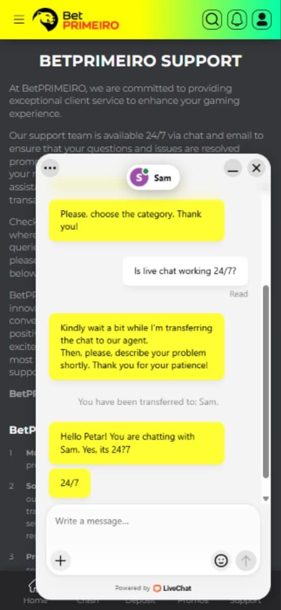 BetPRIMEIRO Casino Customer Support