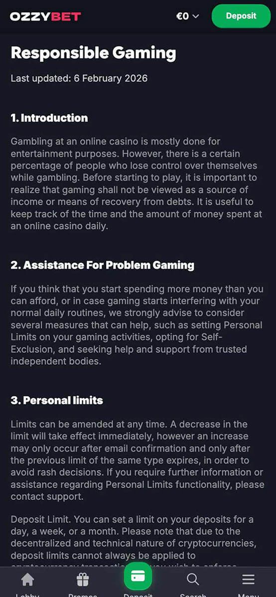 Ozzybet Casino Responsible Gambling Tools