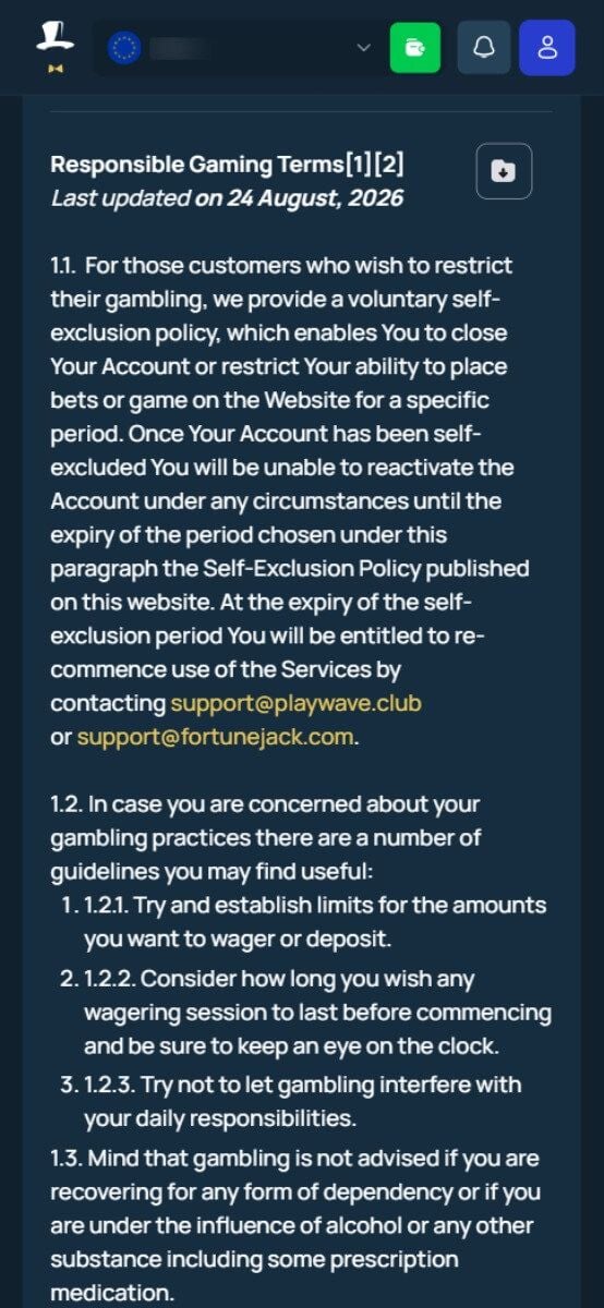 FortuneJack Casino Responsible Gambling