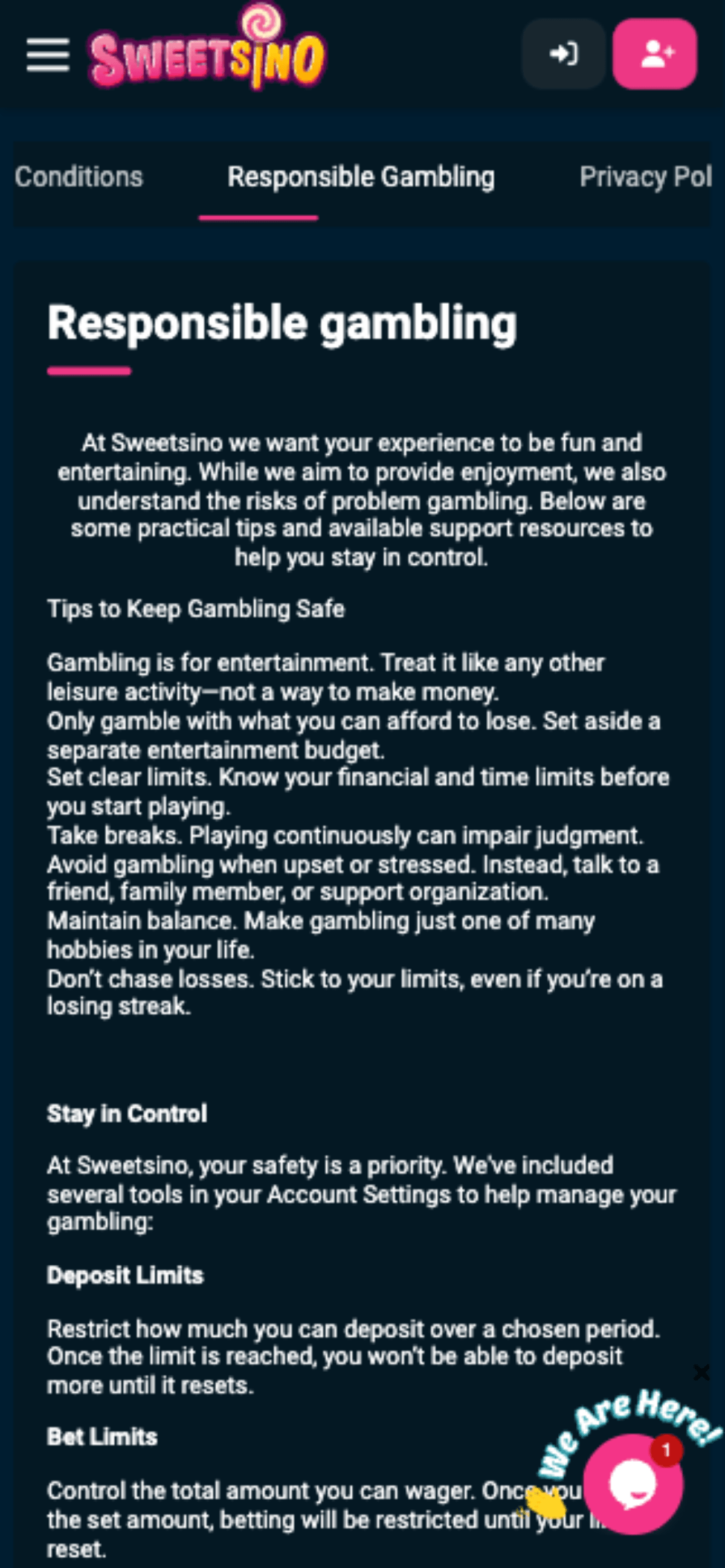 Sweetsino Casino Responsible Gambling Tools
