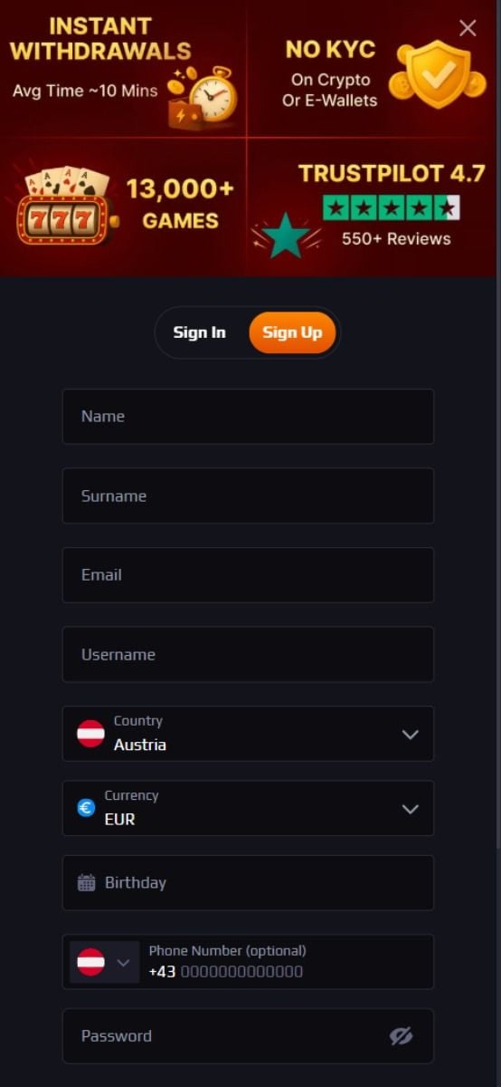 blaze casino registration form