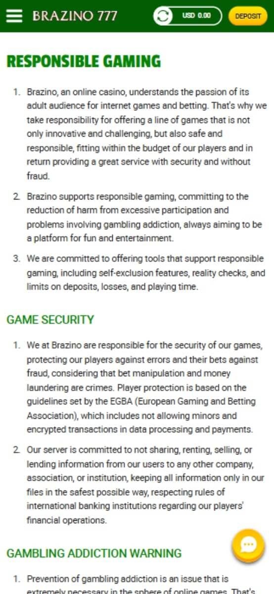 Brazino777 Casino Responsible Gambling Page
