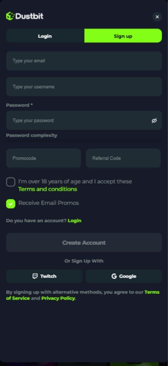 dustbit sign up