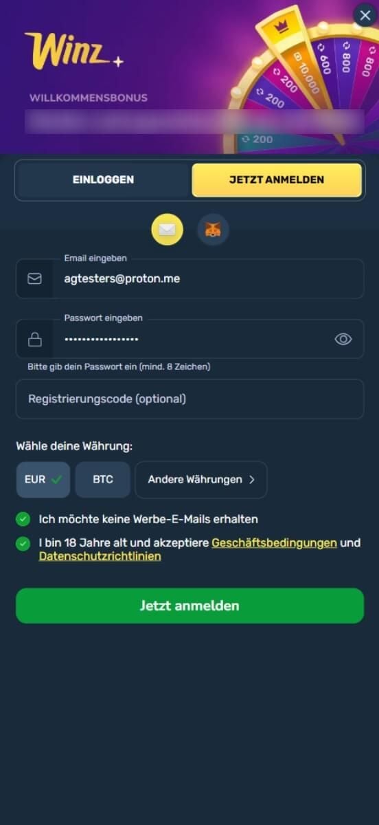 Winz.io Casino Registrierung