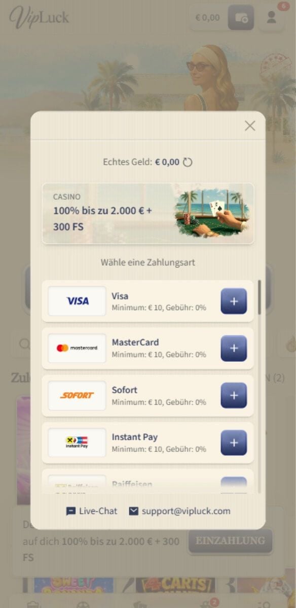 VipLuck Casino Einzahlungen