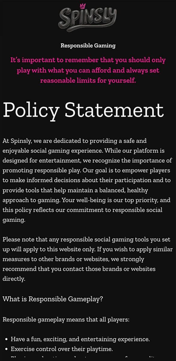 Spinsly Casino Responsible Gambling Tools
