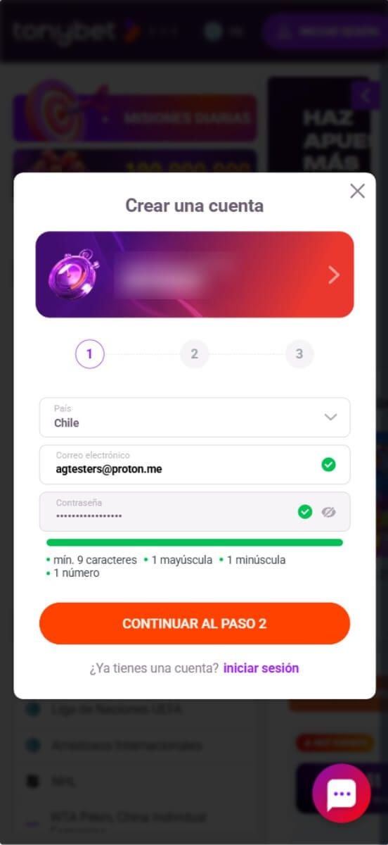 TonyBet Casino formulario de registro