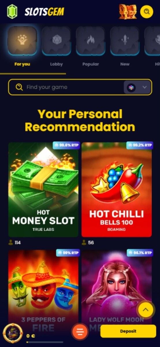 SlotsGem Casino Games Lobby