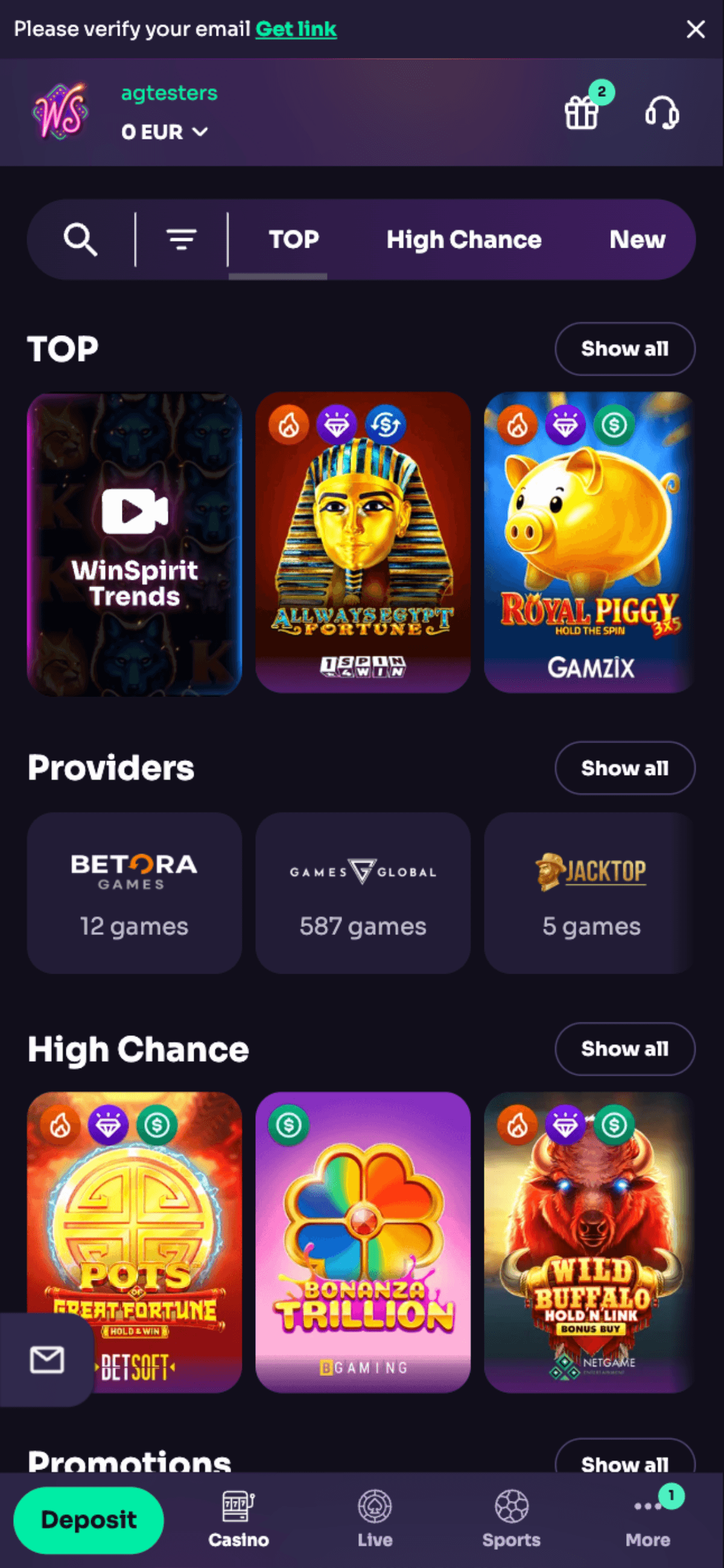 WinSpirit Casino Games Lobby