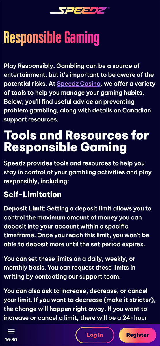 Speedz Casino Responsible Gambling Tools