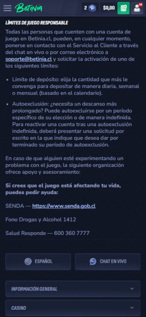 Betinia juego responsable