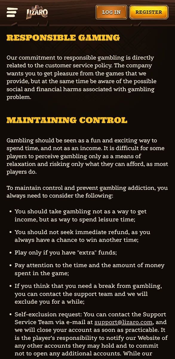 Lizaro Casino Responsible Gambling Tools
