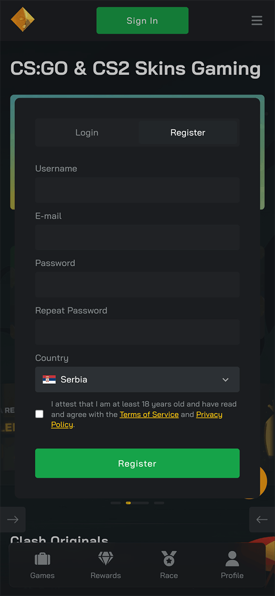 Clash.gg Casino Registration Form
