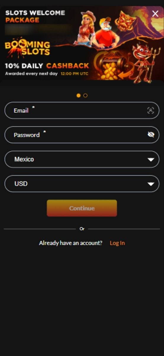 BoomingSlots Casino formulario de registro 