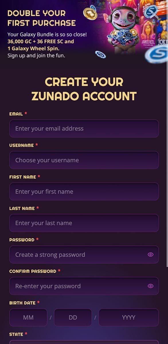 Zunado Casino Registration Form