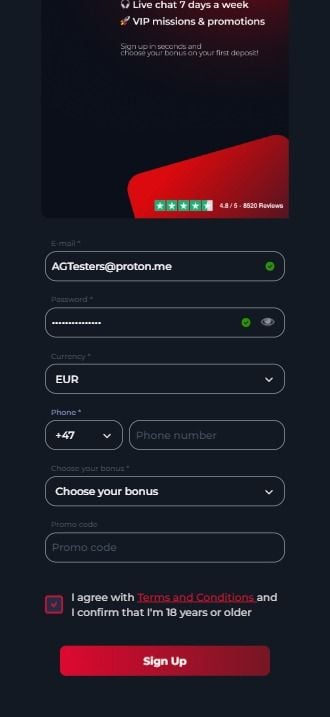 LollyBet Casino Registration Form