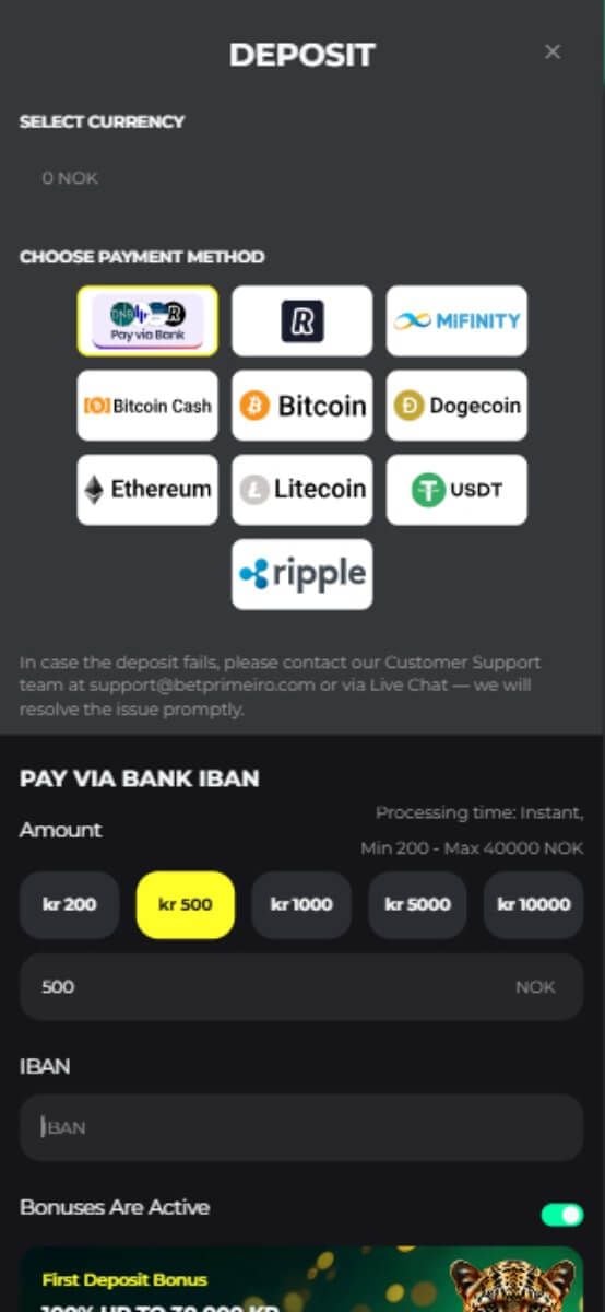BetPRIMEIRO Casino Payments