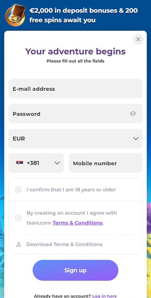 Tsars Casino Registration Form