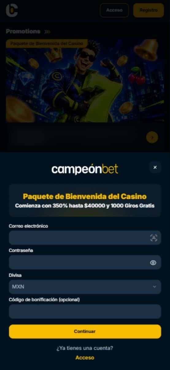 CampeonBet Casino formulario de registro