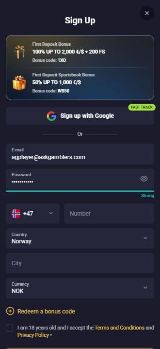 RollXO Casino registration form