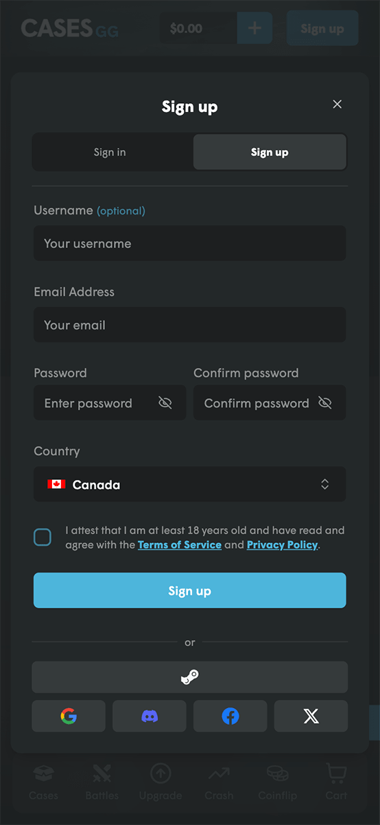 Cases.gg Casino Registration Form