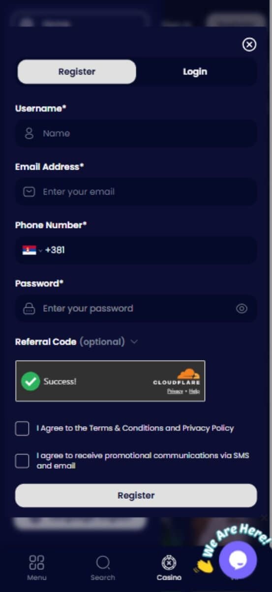 Nocturnal Casino Registration Form