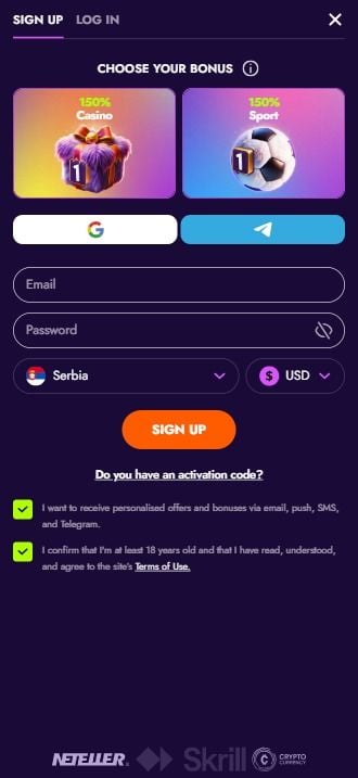 Irwin Casino registration form