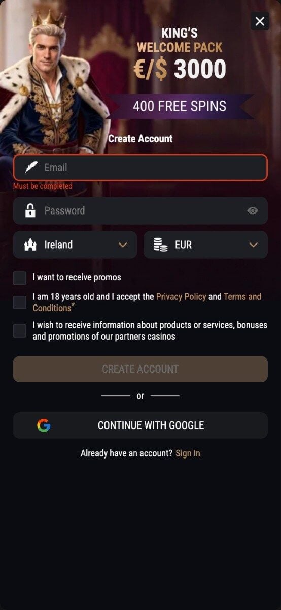 King Billy Casino Registration Form