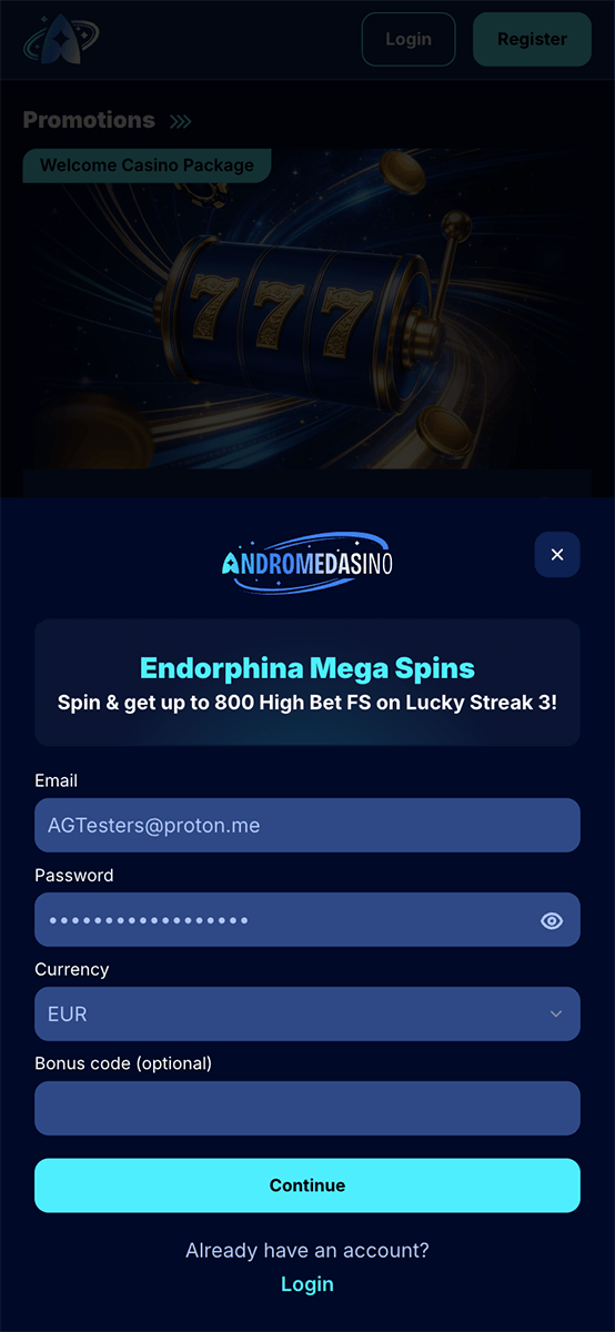 Andromedasino Sign Up Form