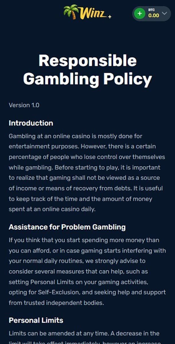 Winz.io Casino Responsible Gambling