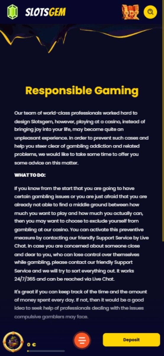 SlotsGem Casino Responsible Gambling