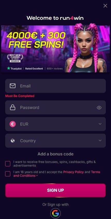 Run4Win Casino Registration Form