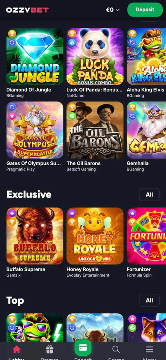 Ozzybet Casino Games Lobby