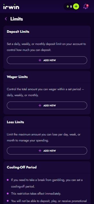 Irwin Casino responsible gambling tools
