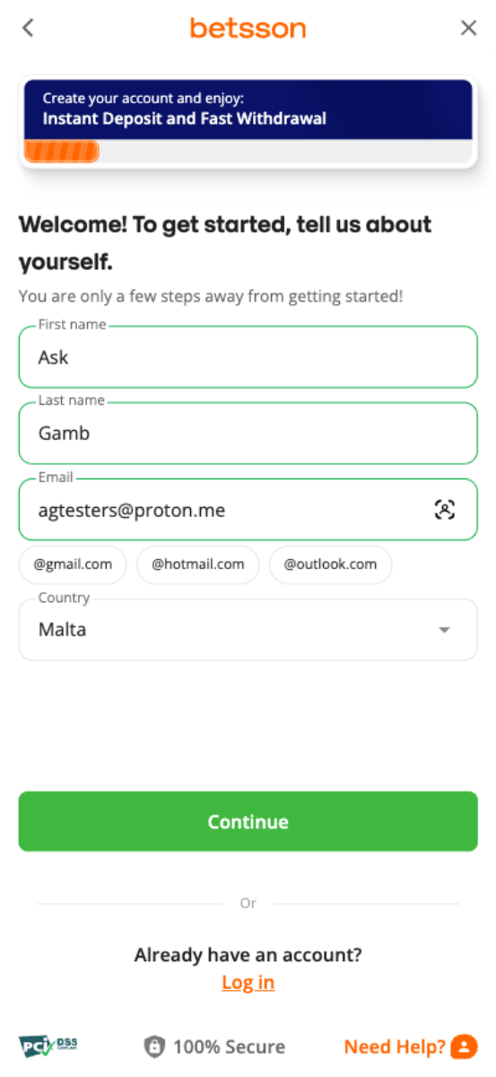 Betsson Casino Registration Form