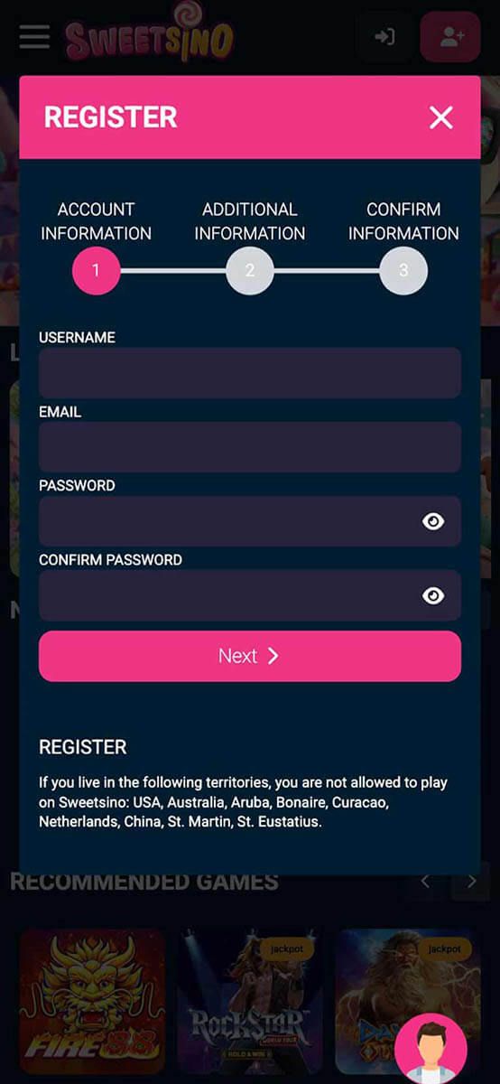 Sweetsino Casino Registration Form